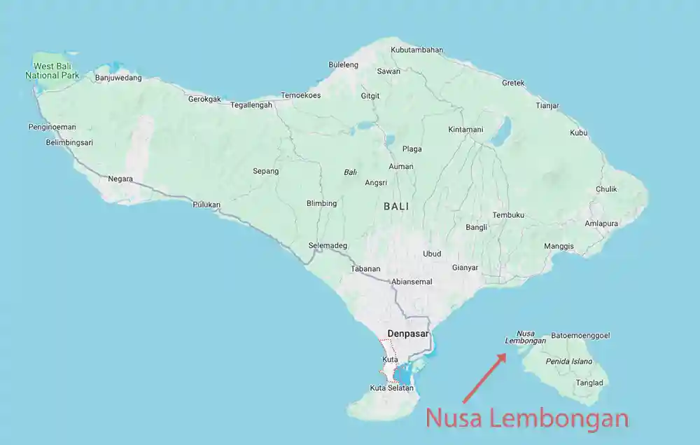 Nusa Lembongan on Bali Map Overview
