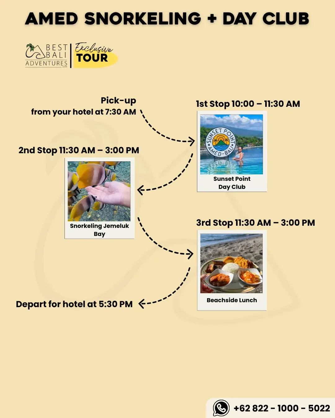 AMED SNORKELING AT JEMELUK BAY AND DAY CLUB TOUR