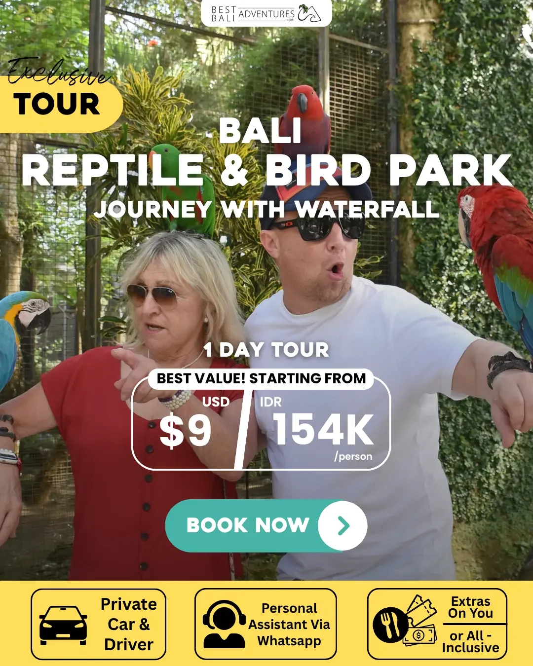 BALI REPTILE AND BIRD PARK JOURNEY WITH WATERFALL TOUR