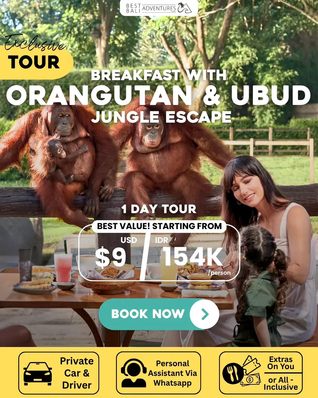 BREAKFAST WITH ORANGUTAN AND UBUD JUNGLE ESCAPE TOUR