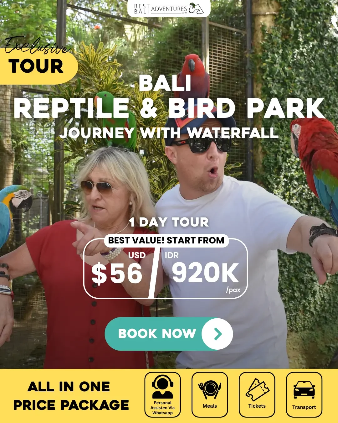 Bali Reptile and Bird Park Journey with Waterfall Tour