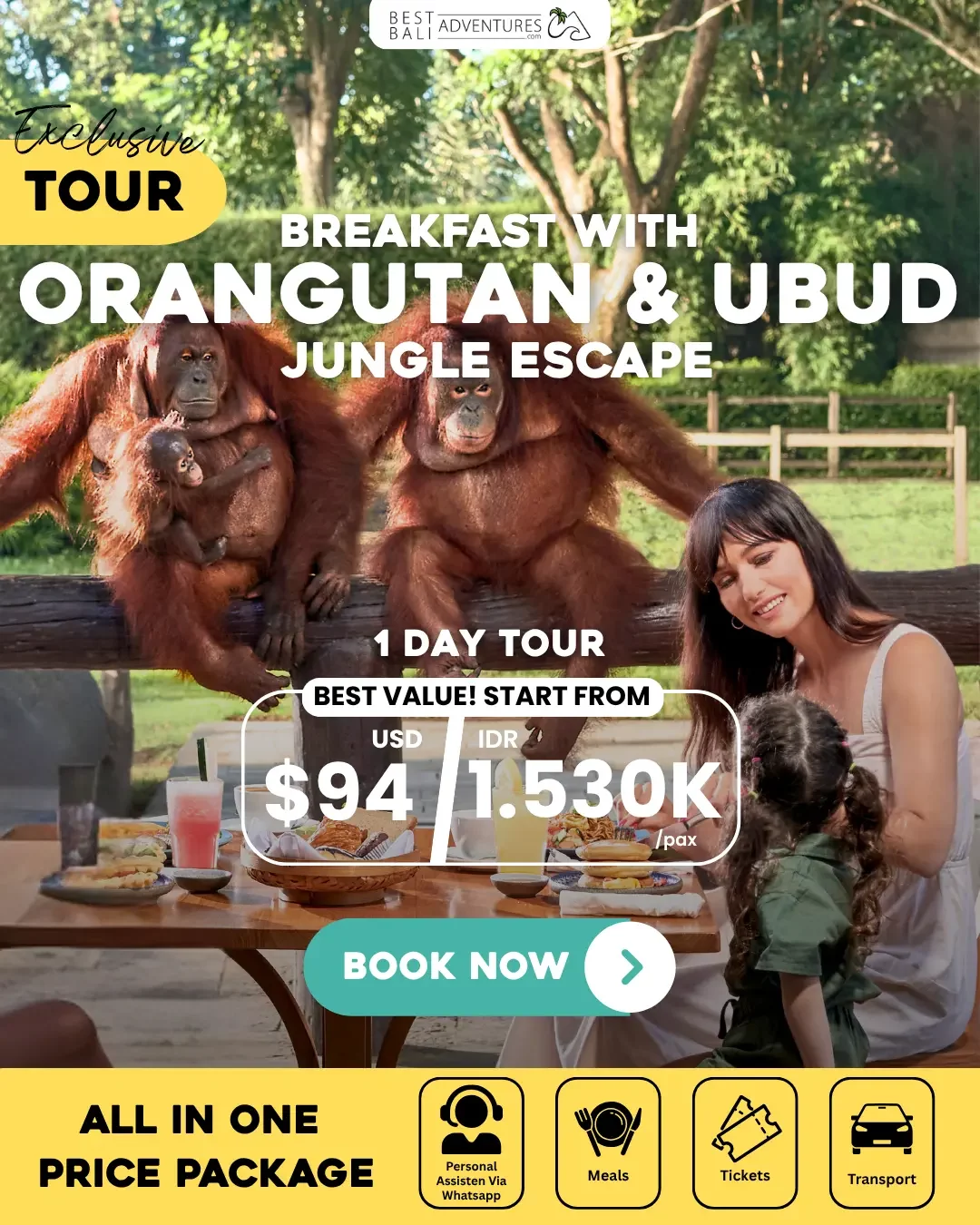 Breakfast with Orangutan and Ubud Jungle Escape Tour