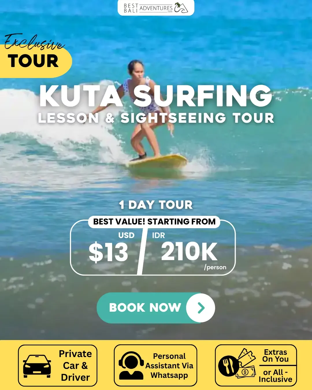 KUTA SURFING LESSON AND SIGHTSEEING TOUR