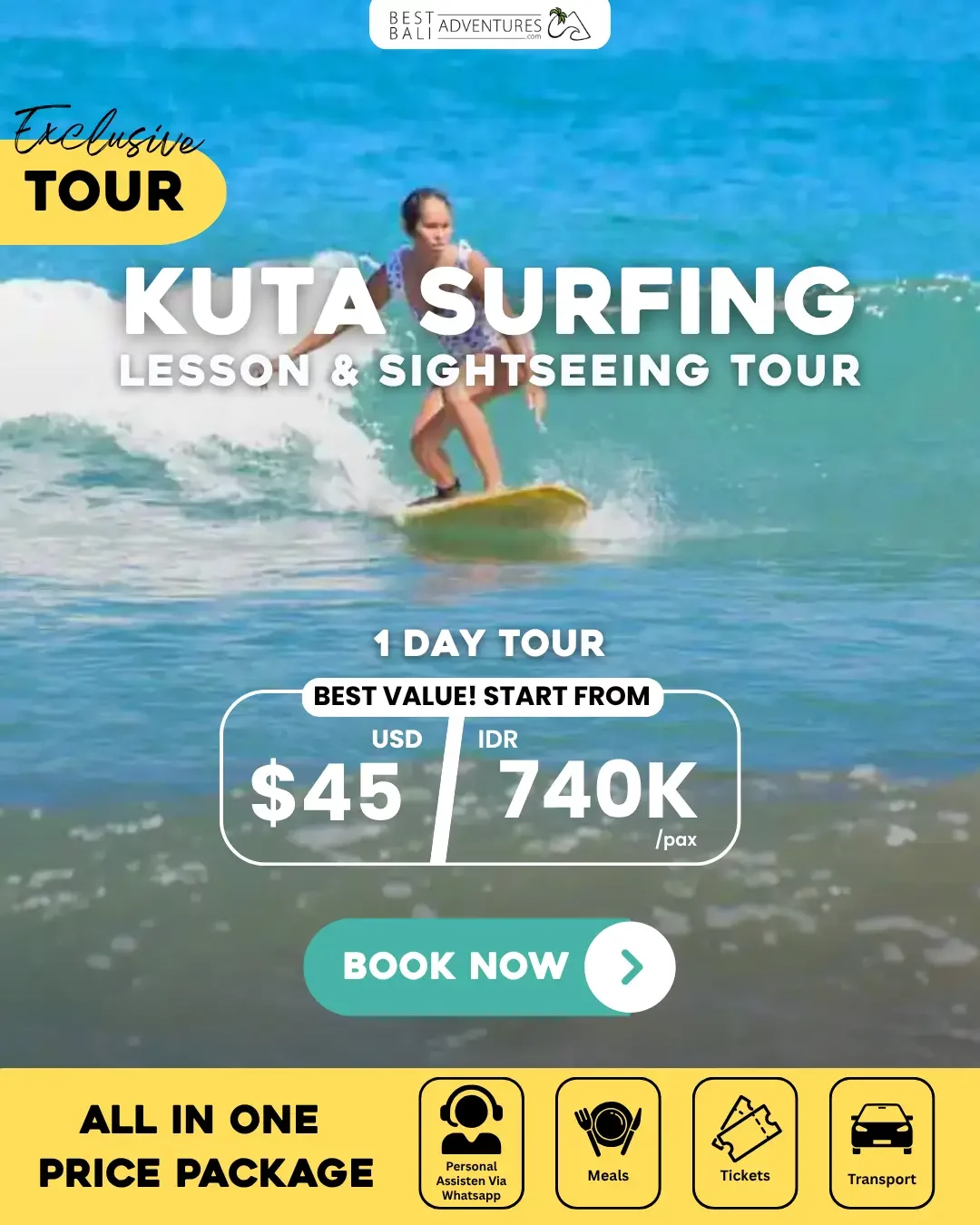 Kuta Surfing Lesson and Sightseeing Tour